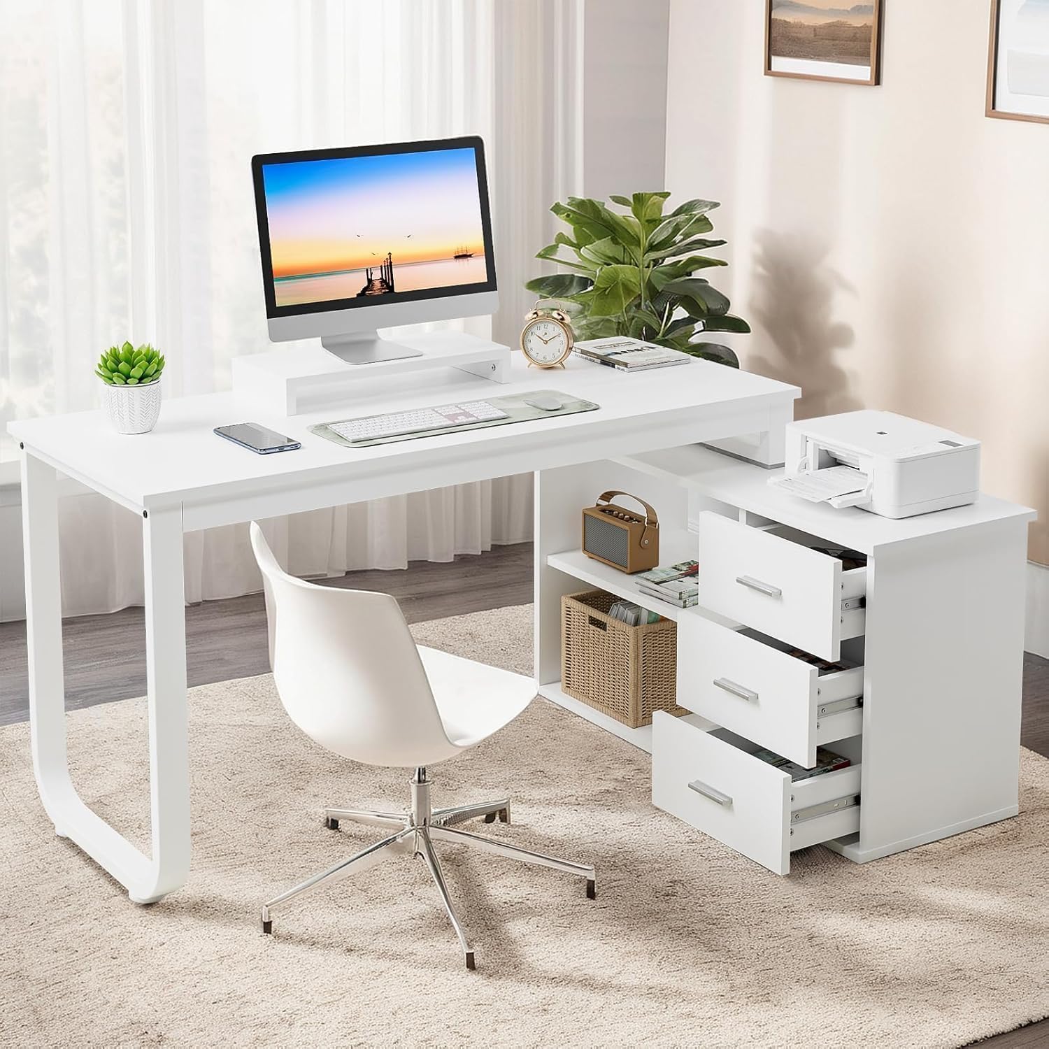 MaverickFurni 55" White Desk with Drawers and Shelves, Reversible L Shaped Desk with Monitor Stand, Home Office Desk with Storage for Work Writing Study, White