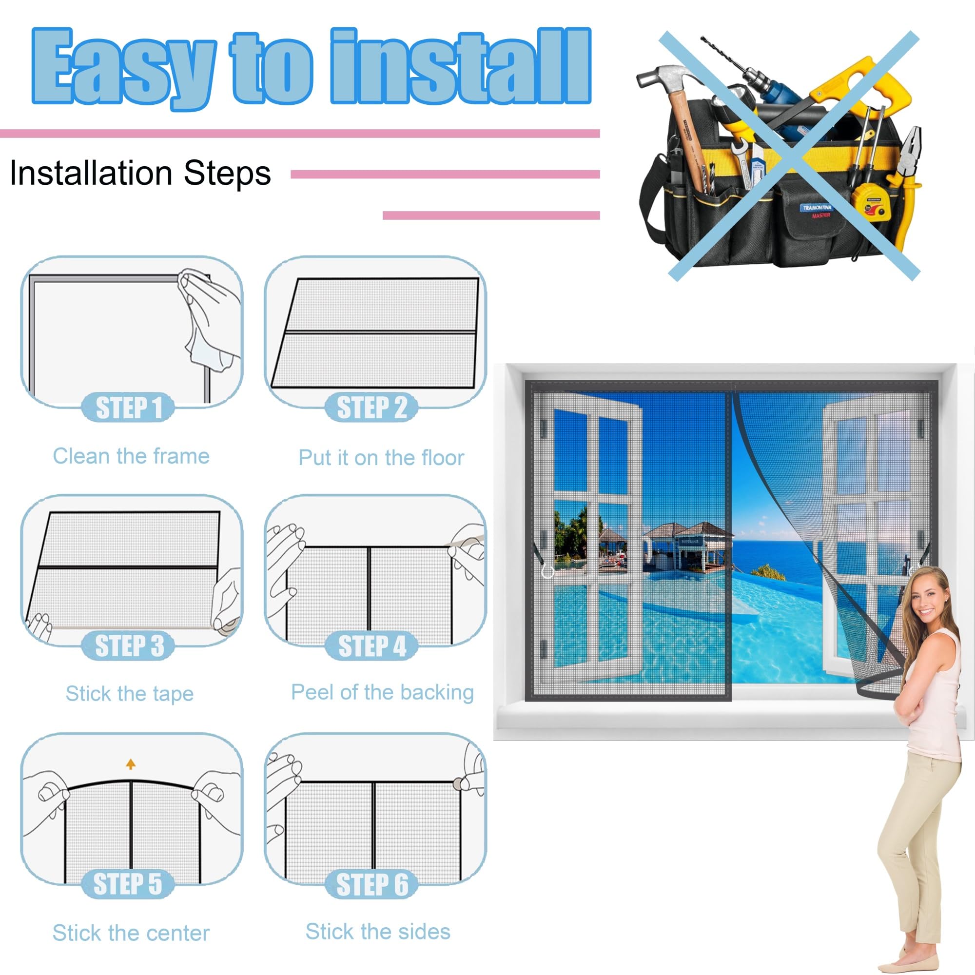Magnet Fliegengitter Fenster,270x210cm Netz Seitliche Öffnung Fliegengitter Ohne Bohren Insektenschutz Balkontür Fliegenvorhang aus Fiberglas Netz,mit Klebeband,für Terrassentür,Kellertür Schwarz