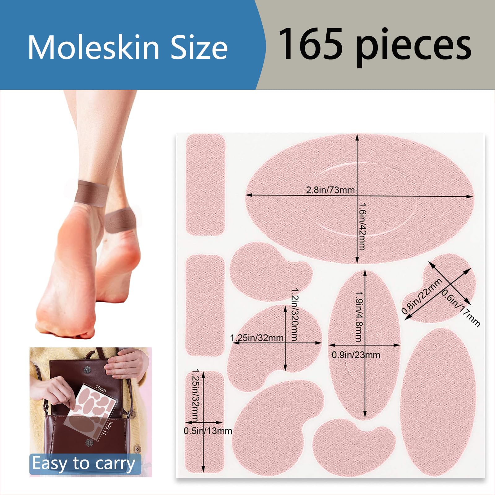 Moleskin - 15 fogli di nastro adesivo per vesciche, con 11 forme, 165 pezzi, con adesivo, scarpe, dita dei piedi, talloni, calli (rosa)