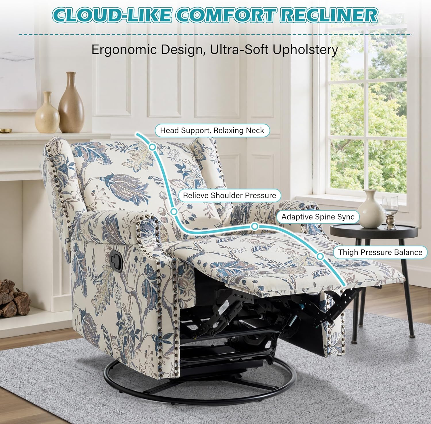 UIXE Swivel Glider Floral Recliner Chair, High Back Swivel Rocker Fabric Accent Chair for Living Room, Rivet Trim Upholstered Armchair Manual Sofa Seating - Plants Blue