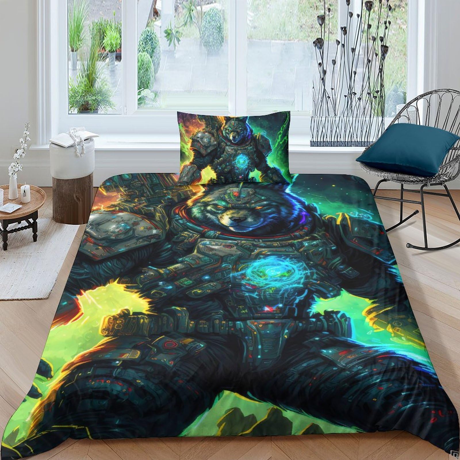 Housse de couette loup spatial 135x200 cm en microfibre avec taie