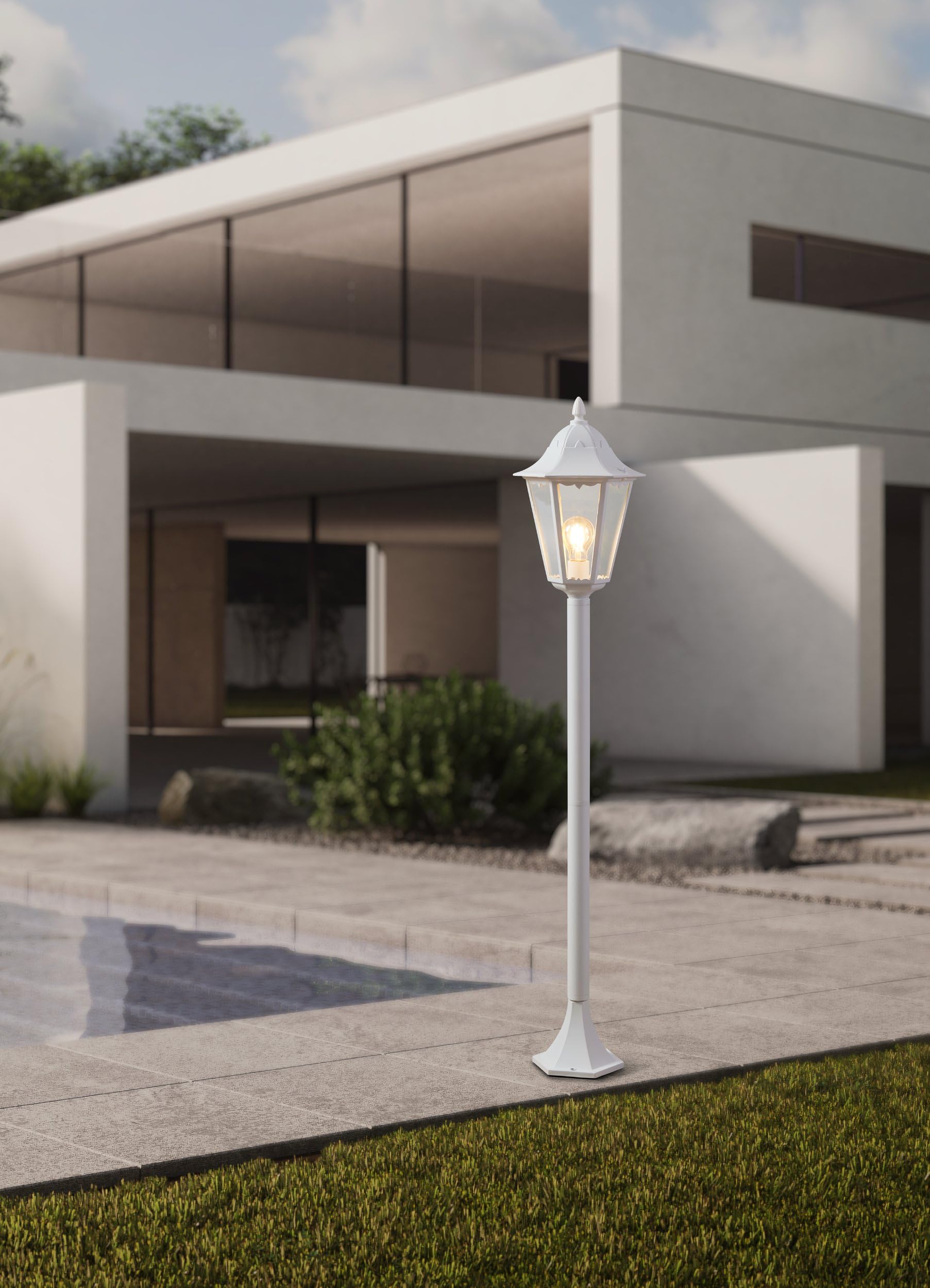 Eglo NAVEDO Alumbrado de sobremuro/pie para exterior Blanco E27 (Alumbrado de sobremuro/pie para exterior, Blanco, Aluminio, Vidrio, IP44, Entrada, Jardín, Patio, Transparente)