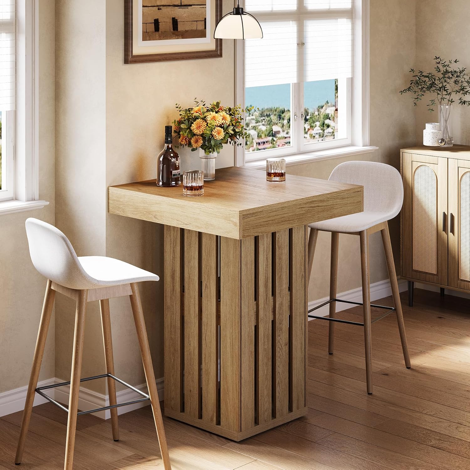 LITTLE TREE Bar Table, 39.76" High Square Pub Table with Base for Small Space, Farmhouse Bistro Furniture for Dining Coffee Cocktail Living Room, Brown