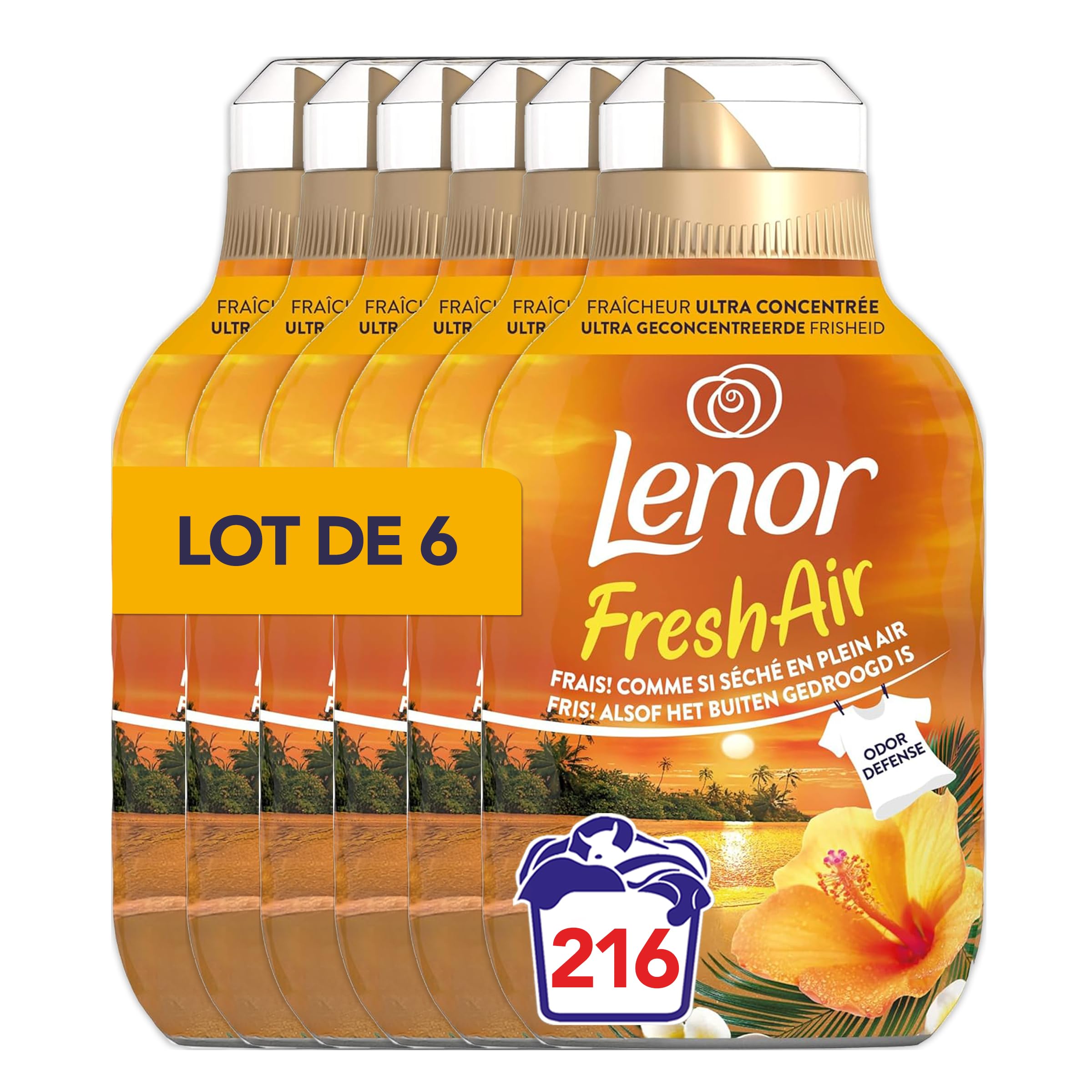 Lenor Fresh Air Adoucissant 216 lavages (36x6), Parfum Soleil Tropical, Protection Anti-Odeurs, Fraîcheur Ultra Concentrée, Fabriqué En France