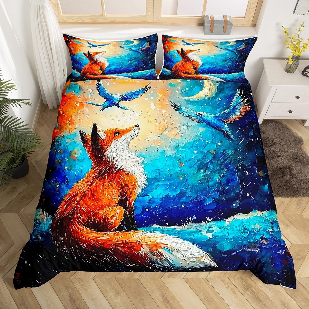 Loussiesd Fox Duvet Cover Double Size Kids Cute Cartoon Fox Bed Set for Boys Girls Teens Moon Bird Bedding Set Breathable Oil Painting Style Bedspread Cover Room Decor