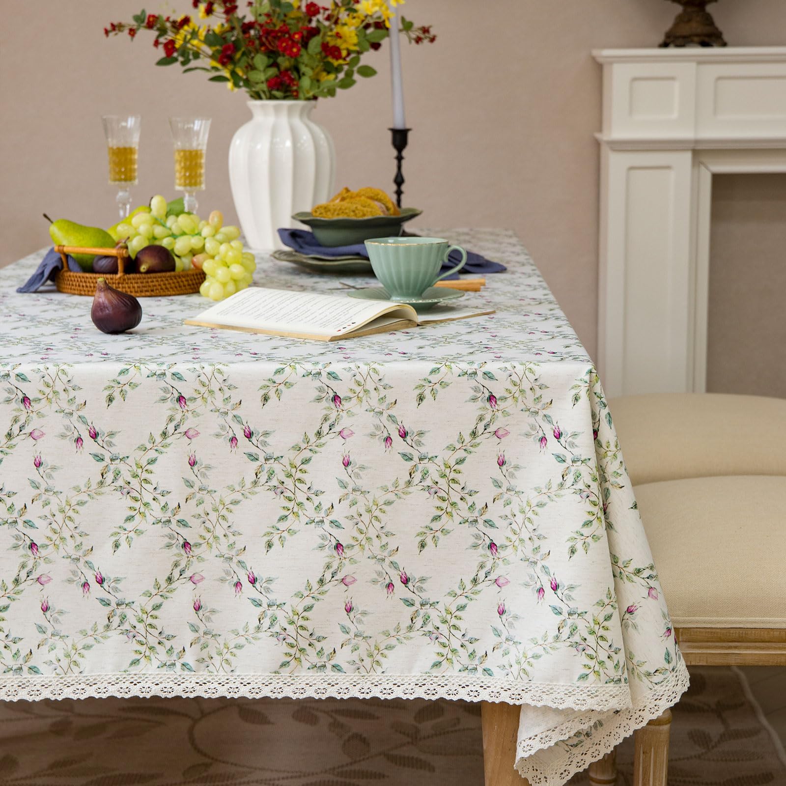 GLORY SEASON Floral Pastoral Tablecloth Wrinkle-Resistant Rustic Natural Style Machine Washable Rectangle Linen Table Cloth for Farmhouse Dining Kitchen Elegant Decor 55x102 Inch