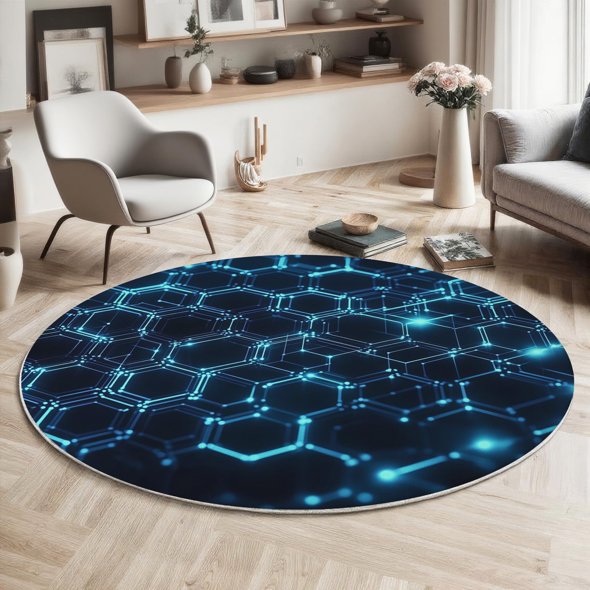 Tapis rond de conception hexagonale géométrique bleu foncé 200cm pour salle à manger