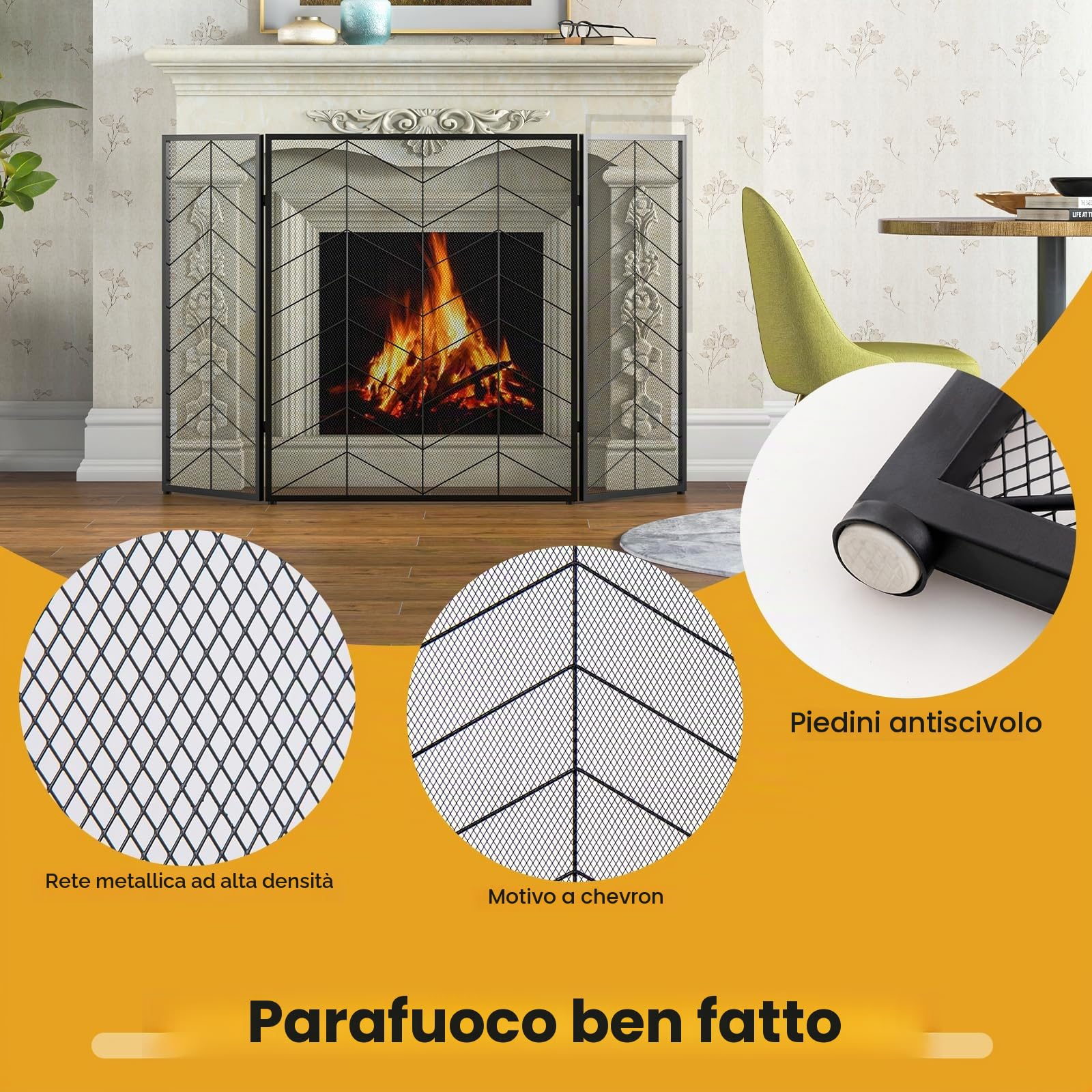 GIANTEX Parascintille per Camino 3 Pannelli, Parafiamma per Camino 132 X 79 CM, Protezione dalle Scintille e Ceneri, Griglia di Protezione per Forno (Banda, 132 x 79 cm)