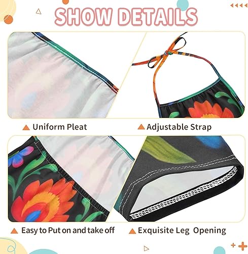 Travel Baby Jumpsuits Girls Rompers Toddlers Halter Onesie Summer Outfits Colorful Folk Art Roosters Black 12m(5T)