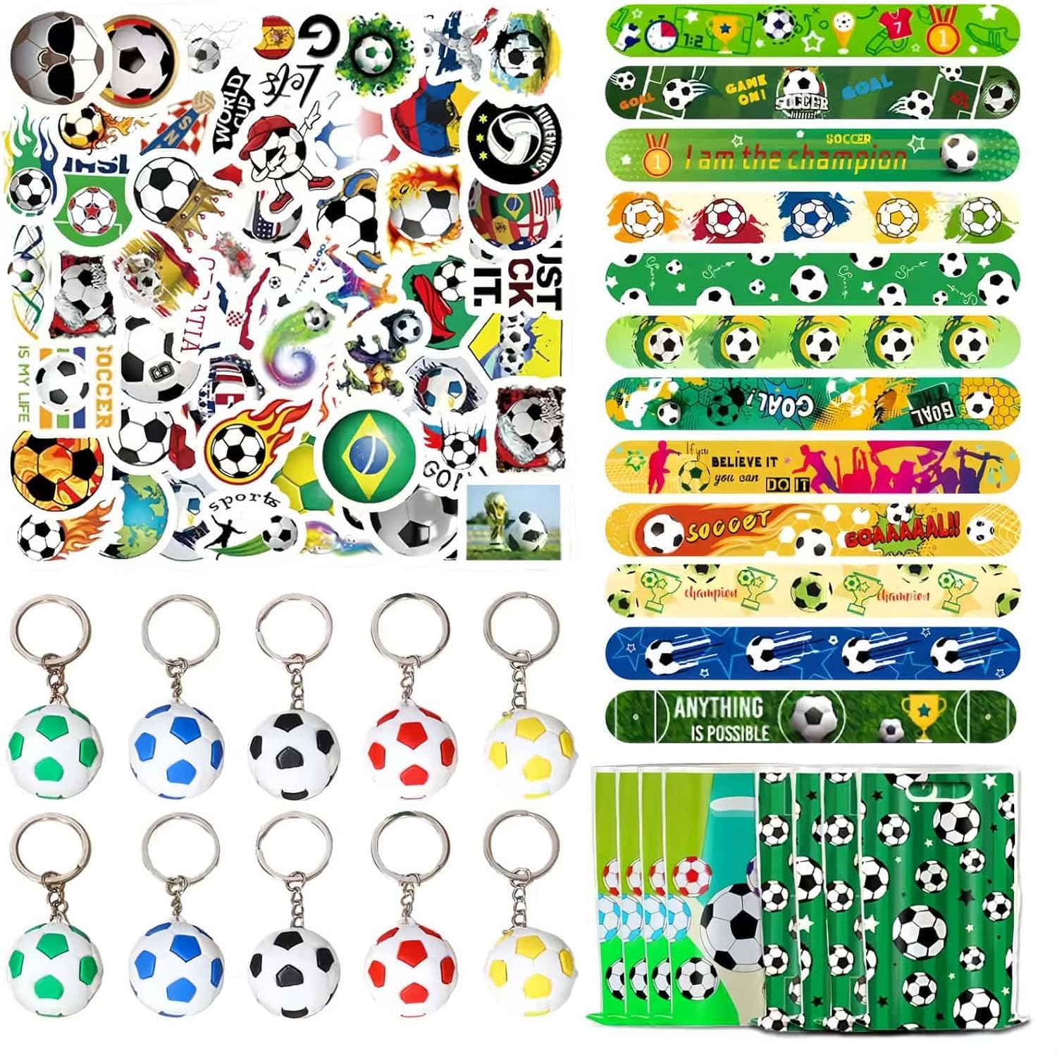 93PCS Soccer Party Favors Set, Slap Bracelets, Keychains, Stickers, Soccer Goodie Gift Bags for Party and Decorations