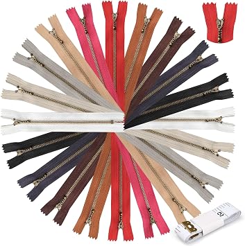 VASTFLY #3 Antique Brass Metal Zippers 20pcs-Closed-End Non-Separating, 5-8 Inch for Sewing Bags, Purses, DIY Craft 10 Colors, 2pc/Color