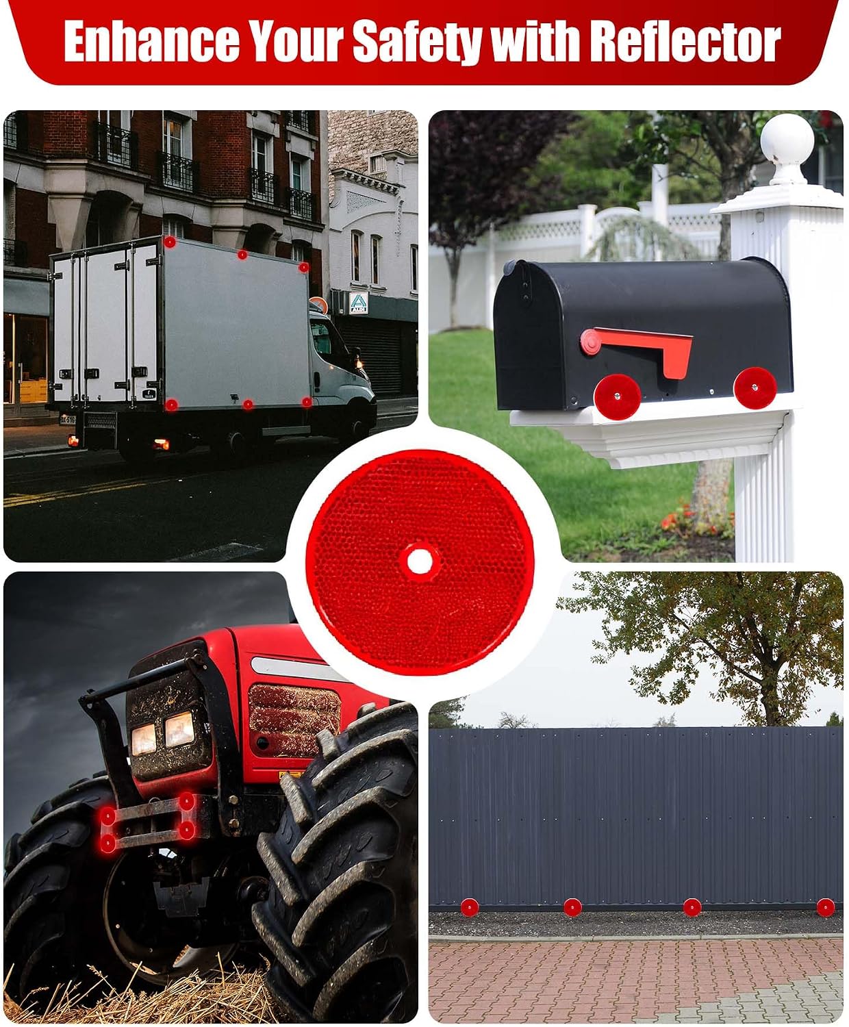 20Pcs Mailbox Reflectors, Self Adhesive Trailer Reflectors, 2.4" Safety Reflector for Post, Stick on Reflector for Truck, Trailer, Post, Gate, Car, Fence, Stroller (Red)