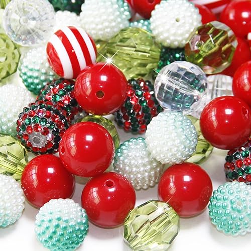 Exway 48 Pcs 20mm Red Green Acrylic Resin Rhinestone Bubblegum Beads, Round, Large, Sparkly Craft Beads for Pen, Beadable Keychain, Bracelet, Necklace, DIY Jewelry Making Supplies