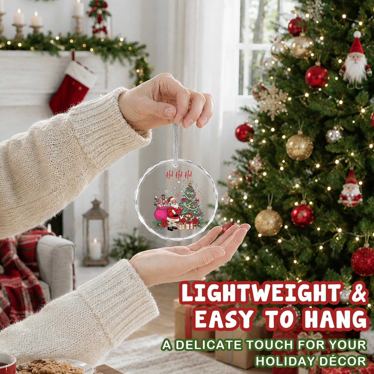 Christmas Santa Tree Ornament, Ho Ho Ho Bauble Clear Christmas Ornaments Decorations, Holiday Santa Gift Box Xmas Decorative Hanging Glass Ornament for Xmas Tree Car Holiday Decor image 4