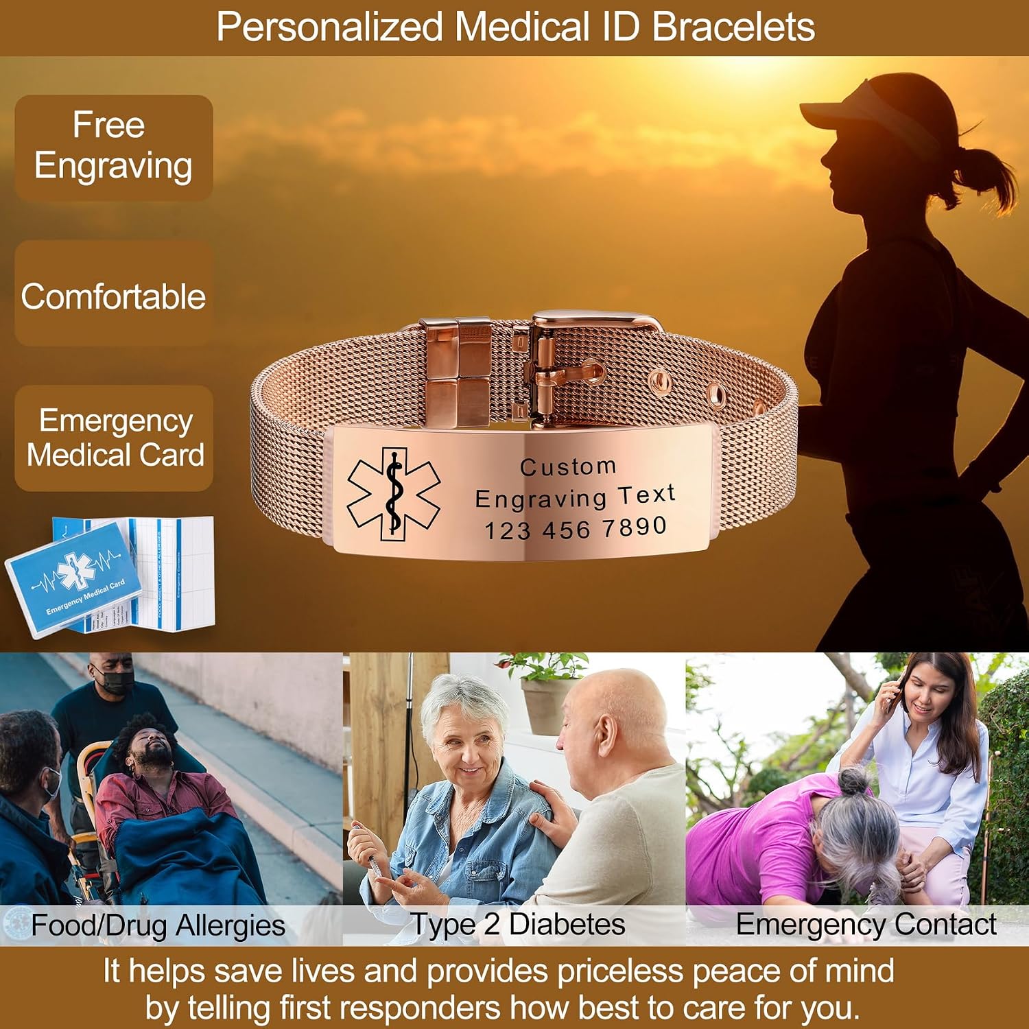 MeMeDIY Personalized Adjustable Silicone & Stainless Steel Medical Alert Bracelets - Engraved ID, Waterproof Wristbands for Women and Men