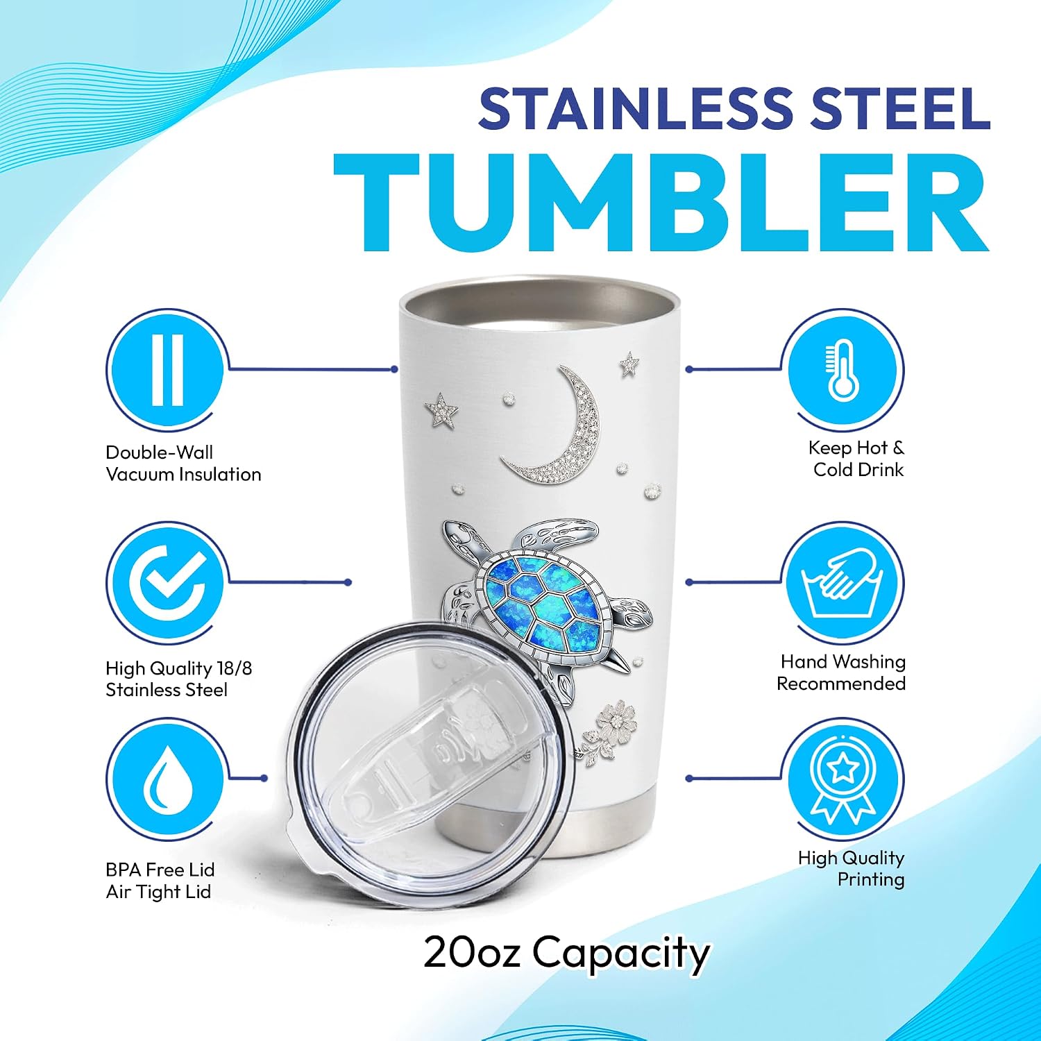 Hyturtle Personalized 2D Flat Printed Turtle Gifts for Sea Turtle Lover - Birthday Christmas Gift - Blue Turtle Custom Name 20oz Stainless Steel Tumbler for Men Women Mom Girl Friend Daughter Wife