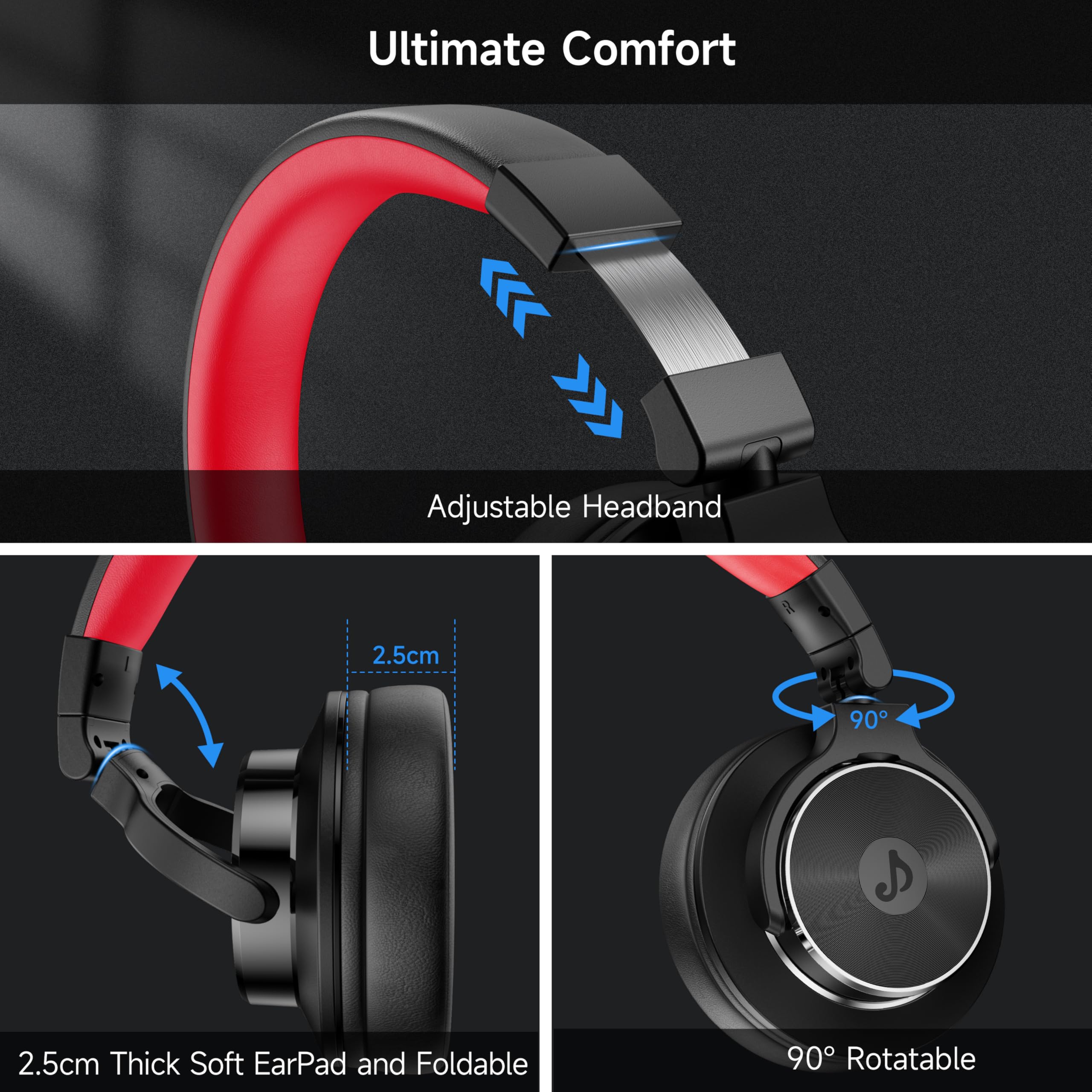syndesmos Casque filaire supra-auriculaire, moniteur de studio et casque DJ mixeur avec pilotes en néodyme de 50 mm et prise jack 1/4 à 3,5 mm pour guitare, podcast, ampli et clavier de piano (noir