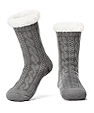Women's Knit Slipper Socks with Non-slip Grippers, Warm Fuzzy Fluffy Sherpa Lined, Cozy Christmas Gifts