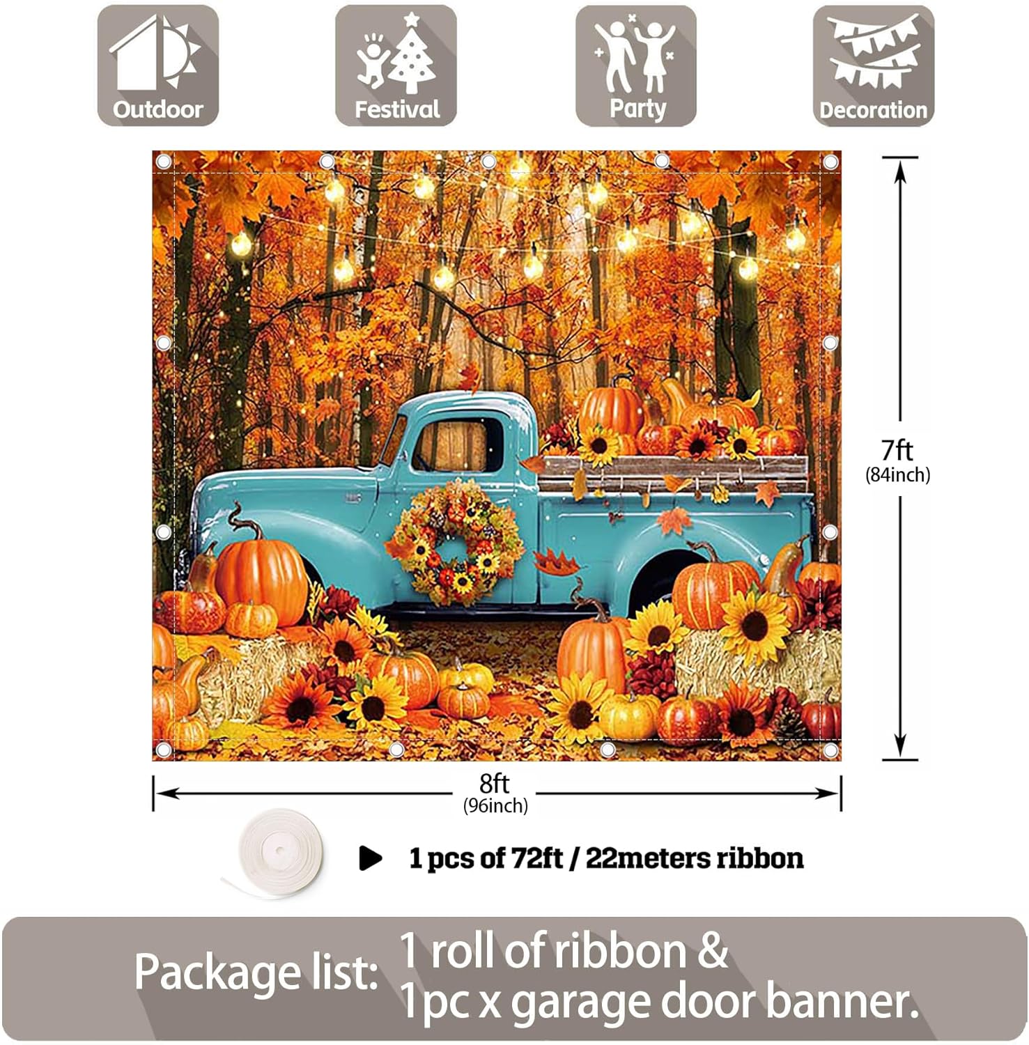 1PC 8x7ft Fall Forest Truck Garage Door Banner Decorations Autumn Harvest Pumpkin Maple Leaves Photography Backdrop Home Outdoor Wall Cover Thanksgiving Party Supplies