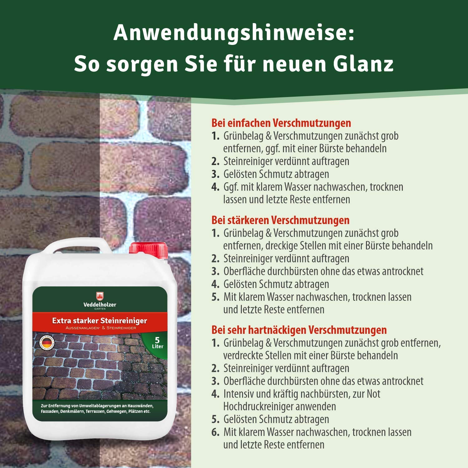 Veddelholzer Außenanlagenreiniger Steinreiniger 5 Liter Konzentrat mit Langzeitwirkung Qualität aus Germany Grünbelagentferner Wege Pflastersteine Fugen ohne Glyphosat Unkrautvernichter