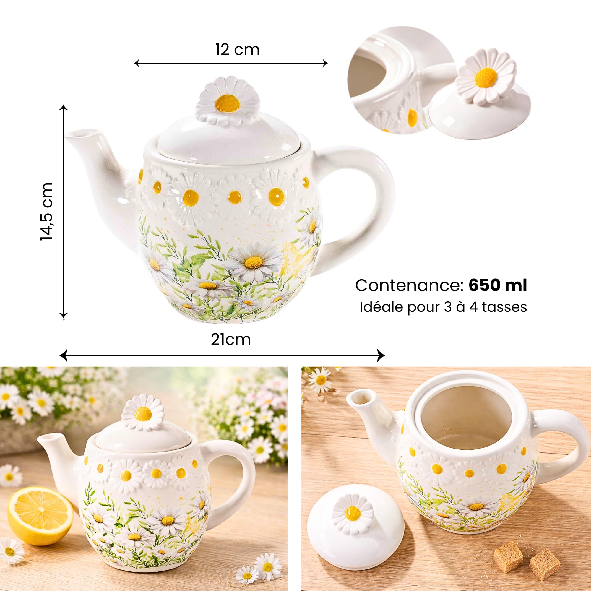 Théière en Céramique 650ml - Théière Motif Floral Relief pour 1 à 2 Tasses - Idéale Infusion et Tisane pour Amateur de thé - Idée Cadeau fête des mères