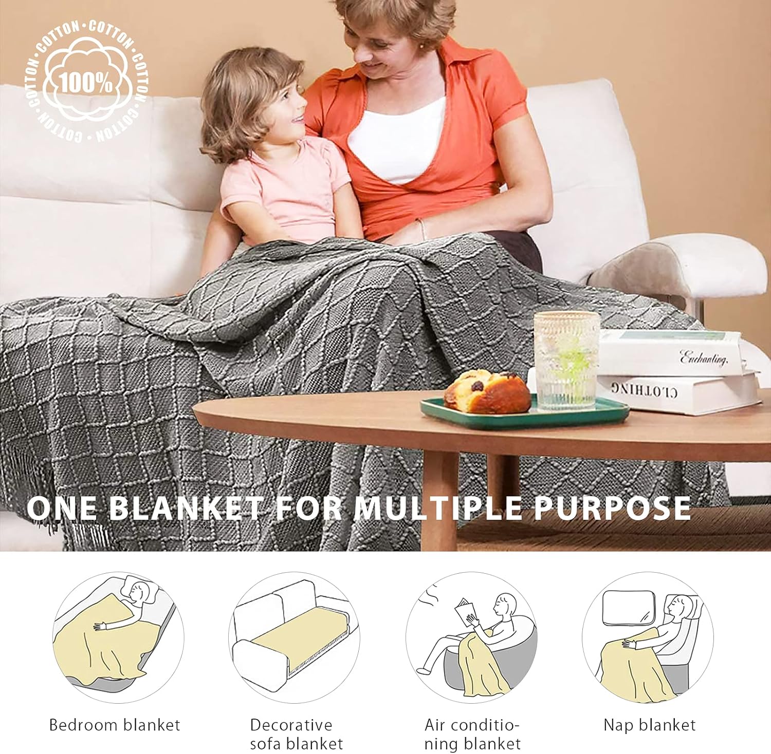 Knitted Throw Blanket with Tassels Solid Color Geometric Plaid Pattern Soft Warm Cozy Lightweight Couch Cover Bedspread Decorative Blanket for Sofa Bed Couch Settee 230x130cm