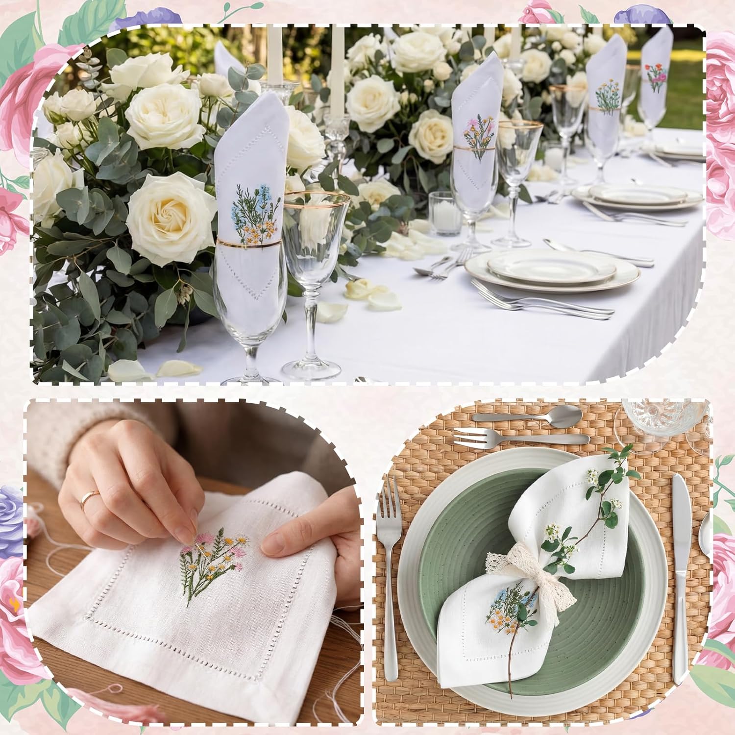 Frienda 12 Pcs Embroidered White Cocktail Napkins Bulk 6'' x 6" Floral Cotton Cloth Napkin Coasters Set Vintage Hankies Handkerchiefs for Spring Martini Cocktail Bachelorette Party Gift Decorations