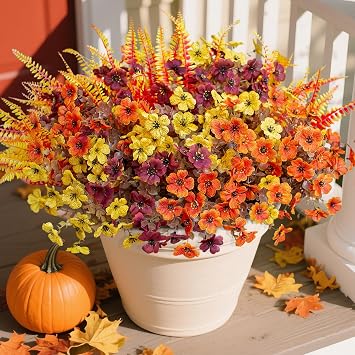 HyeFlora Artificial Faux Outdoor Flowers Plants for Spring Summer Decoration, 14 Bundles Fake Silk Colorful Daisy Ferns UV Resistant Realistic for Home Porch Patio Yard Window Box 3 Colors Mixed