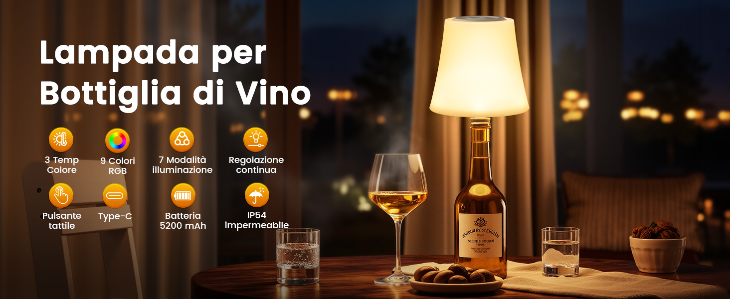 Onherm 2 Pezzi Lampade per Bottiglia, 3 Colori Regolabili, IP54 Impermeabili Luci per Bottiglia Touch, 5200mAh Batteria Lampada da Tavolo Portatile Ricaricabile per Ristoranti e Bar Interni ed Esterni