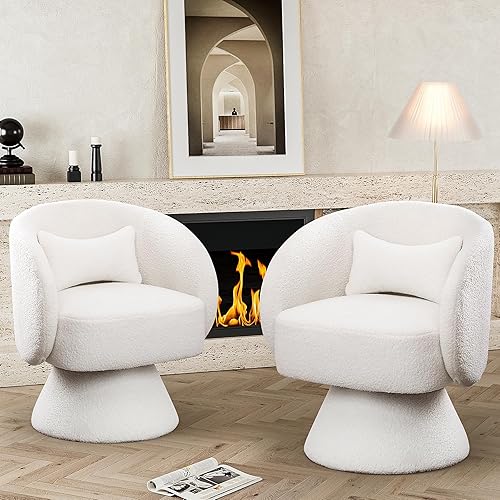 Miniatura 13 de Juego de 2 sillas giratorias de barril, sillas decorativas giratorias tapizadas para sala de estar, cómodo sillón redondo pequeño y moderno de 360
