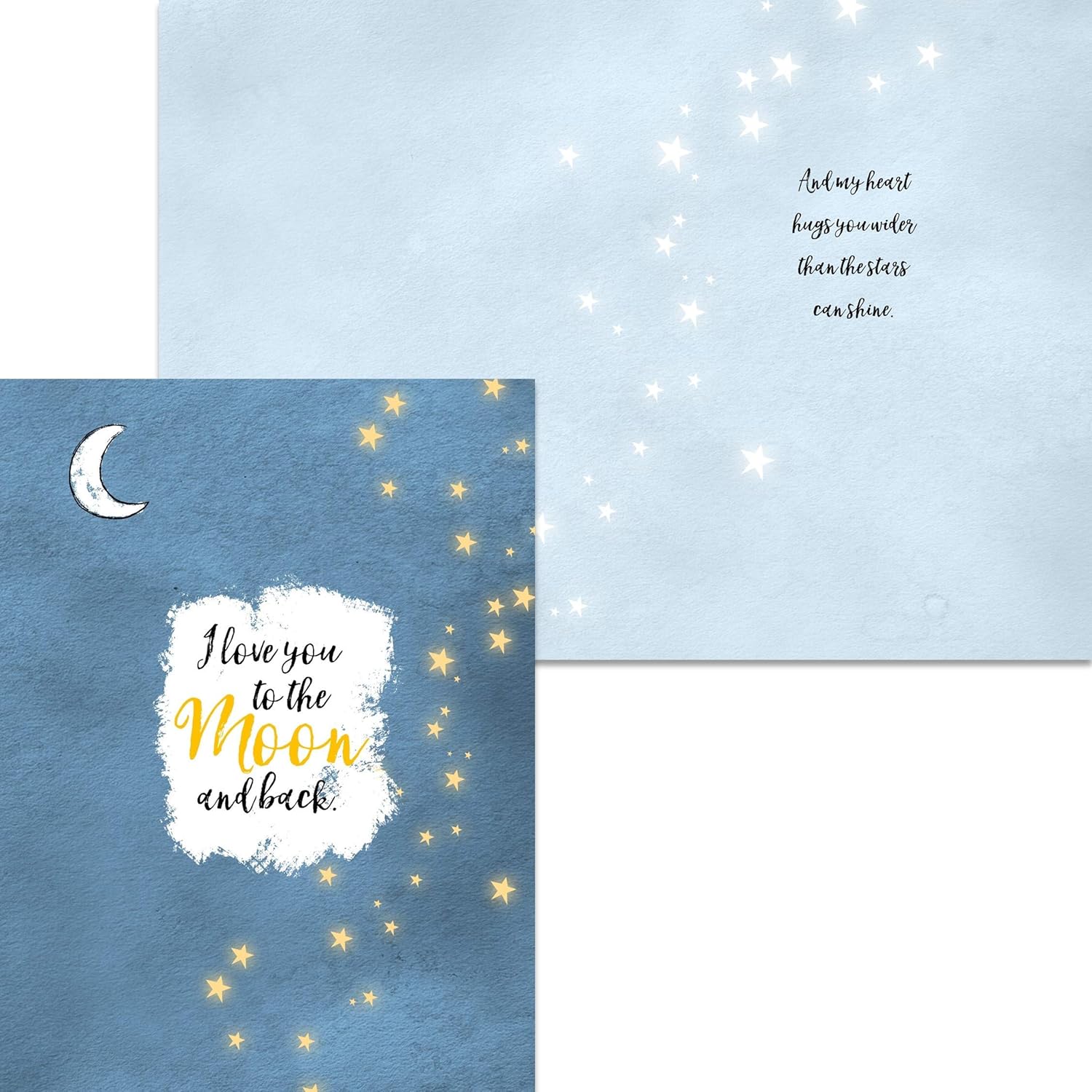 Smiling Wisdom | I Love You to the Moon and Back Greeting Card | Blue Glass Wine Stopper | Blue Gold