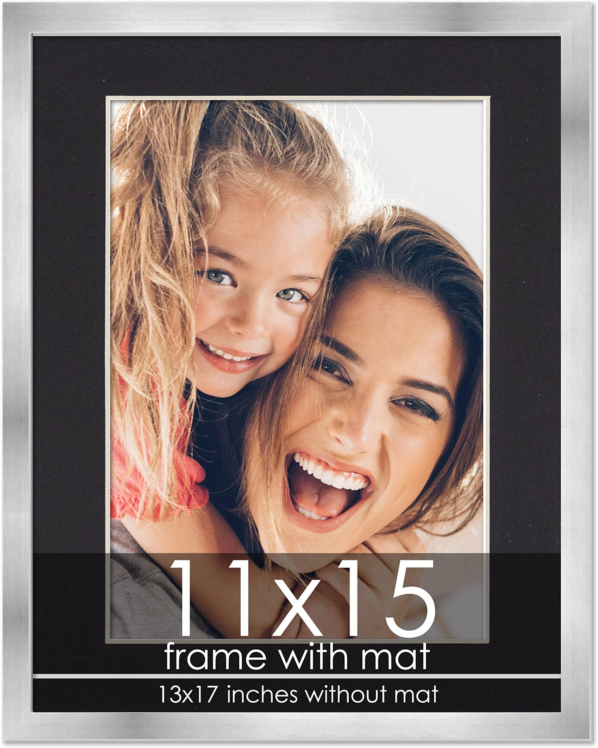 11x15 Frame with Mat - Silver 13x17 Frame Wood Made to Display Print or Poster Measuring 11 x 15 Inches with Black Photo Mat