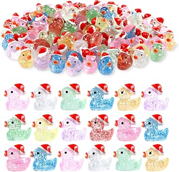 DULEFUN Christmas Mini Glitter Ducks 60pcs Colorful Tiny Small Little Resin Ducks to Hide Plastic Miniatures Duck Figures for Xmas Goodie Bag Fillers Party Favors Decorations
