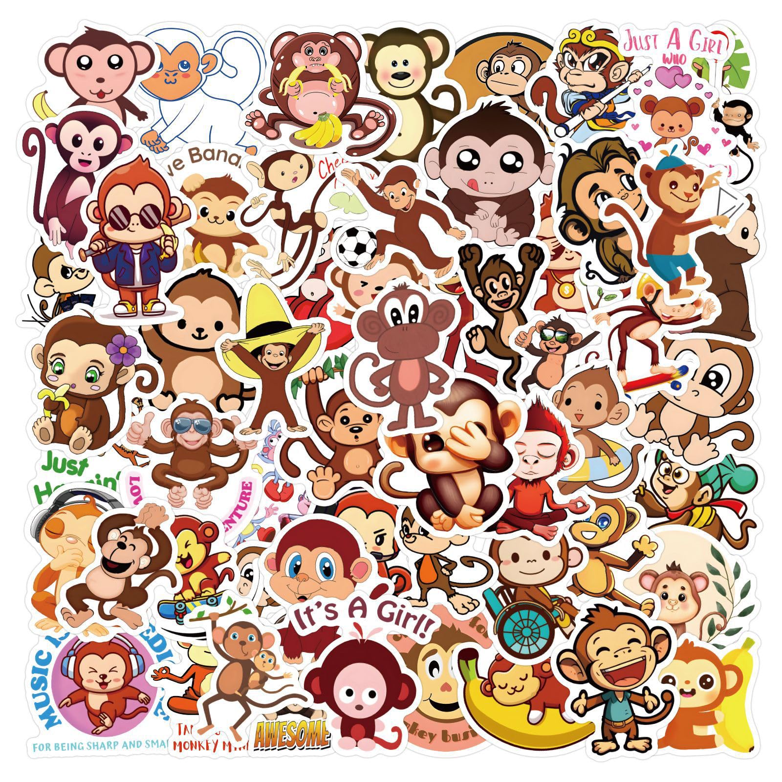 LTZSTONE Cartoon Monkey Stickers 60pcs Decals for Laptops Water Bottles Toys and Gifts for Teens,Girls,Perfect for Laptop,Phone,Skateboard,Travel|
