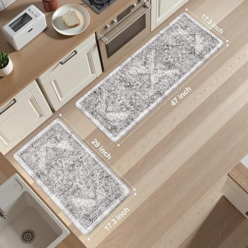 Vista 294 de KIMODE - Juego de 2 tapetes de cocina antifatiga, estilo vintage, antideslizantes, impermeables, ergonómicos, acolchados, cómodos para lavandería