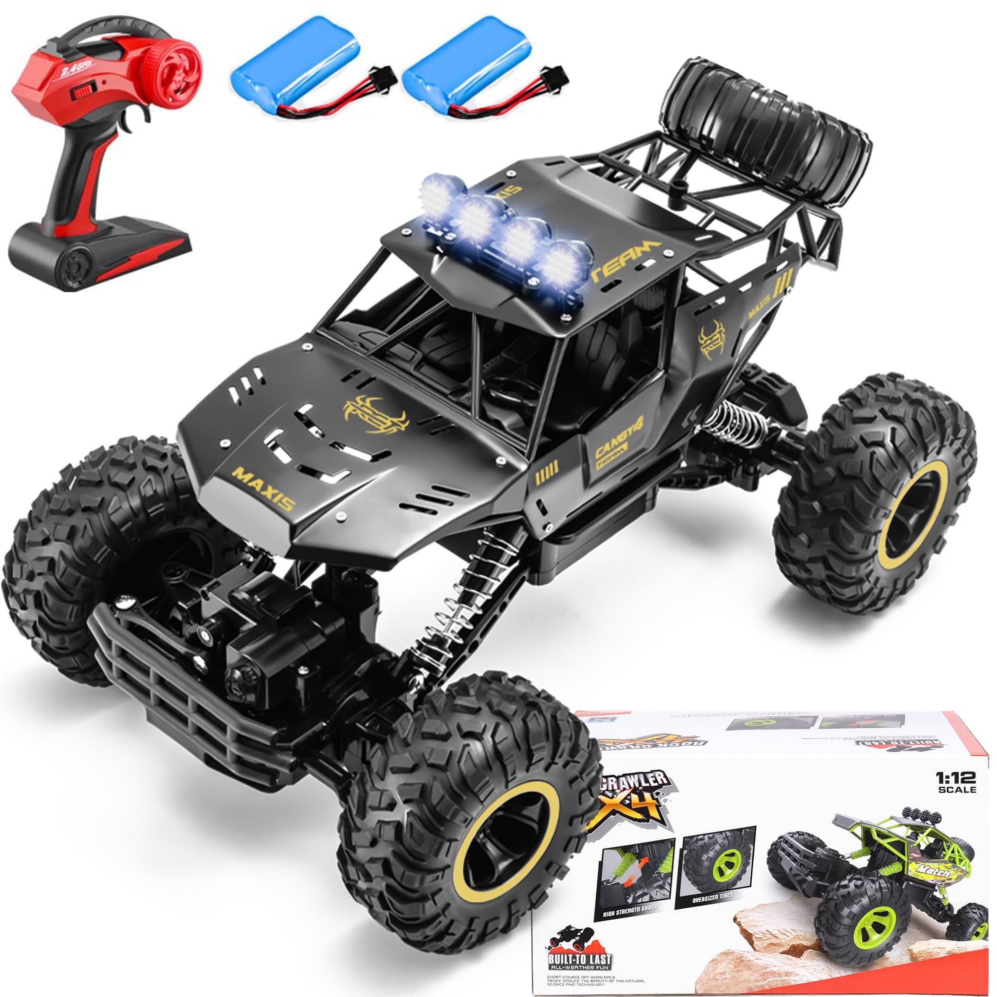 SULIFEVIP 1:12 RC Car RC Monster Truck Remote Control Car 4WD Off-Road Radio Controller Cars Monster Truck, Metal Shell with 2 Batteries Large 38CM For Kids,Multiplayer Play Vehicles 5 Colors (Black)