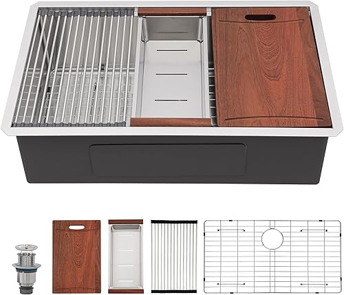 Lepuday Fregadero de cocina de montaje inferior de 30 pulgadas de acero inoxidable calibre 16 fregadero de cocina con estación de trabajo 30 x 19