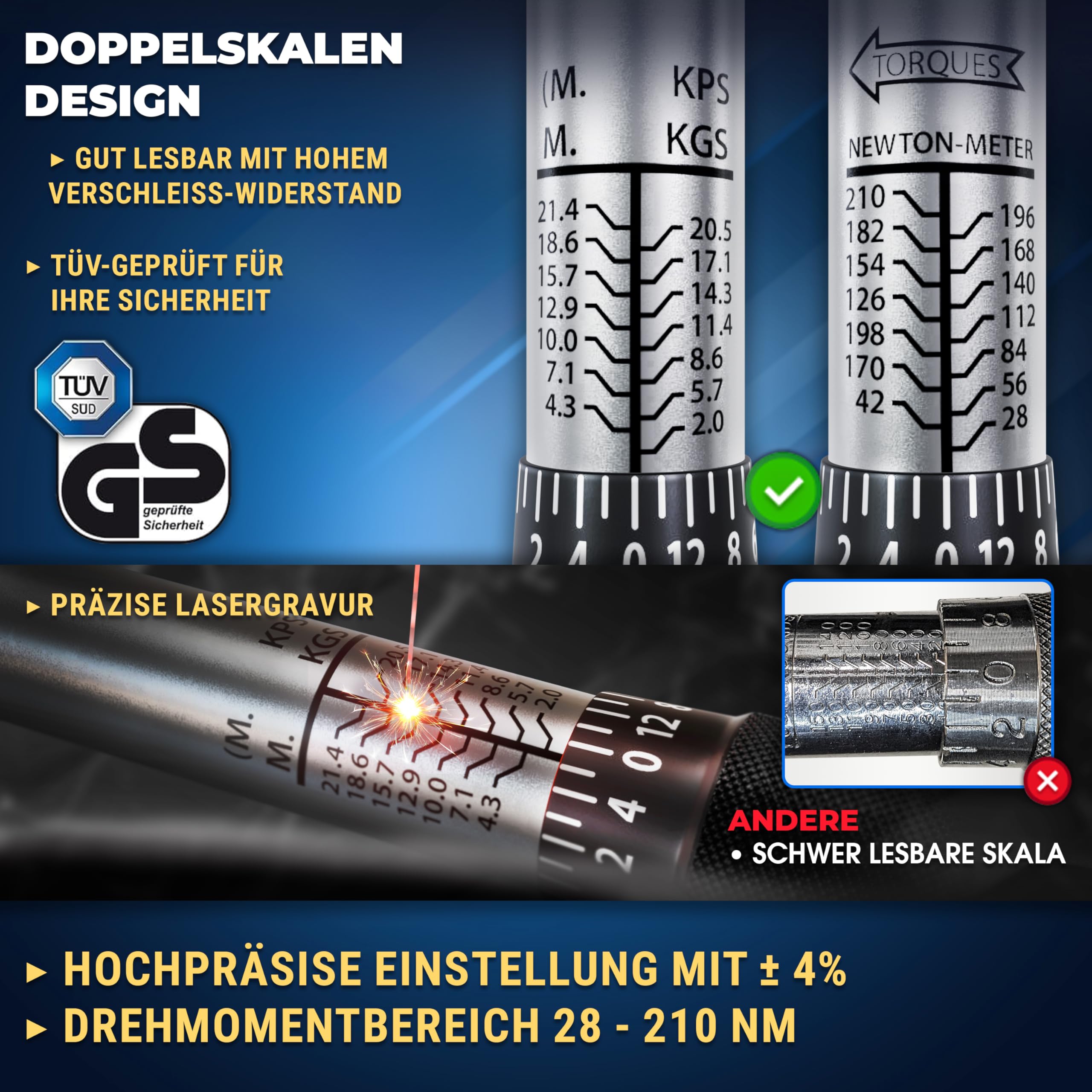 S&R 1/2 Zoll Drehmomentschlüssel Auto Set 28-210 Nm, Drehmomentschlüssel Motorrad 475 mm, Verlängerung 125 mm, 3 Stecknüsse 17, 19, 21 mm; Kfz Reifenschlüssel TÜV geprüft GS bruchfest Nüsse