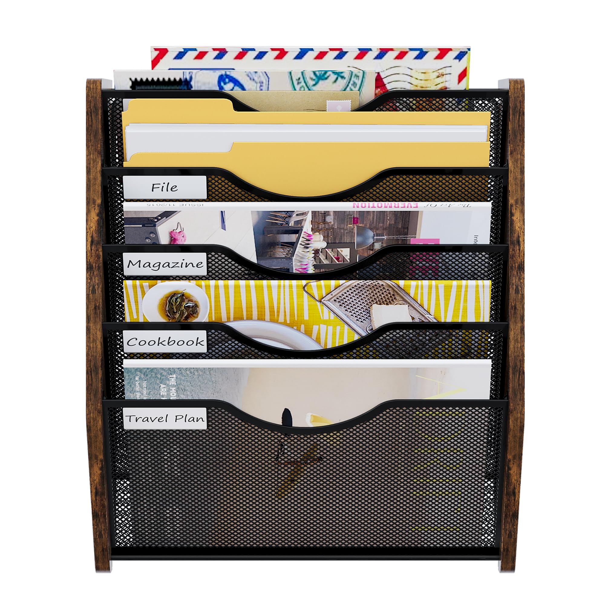 5-stöckig Hängend Zeitschriften Wandhalter,Wandhalterung Aktenhalter,Flyerhalter Prospektspender Metall Holz A4 Zeitschriftenhalter Wand für Büro/school supplies/home,Antik Braun