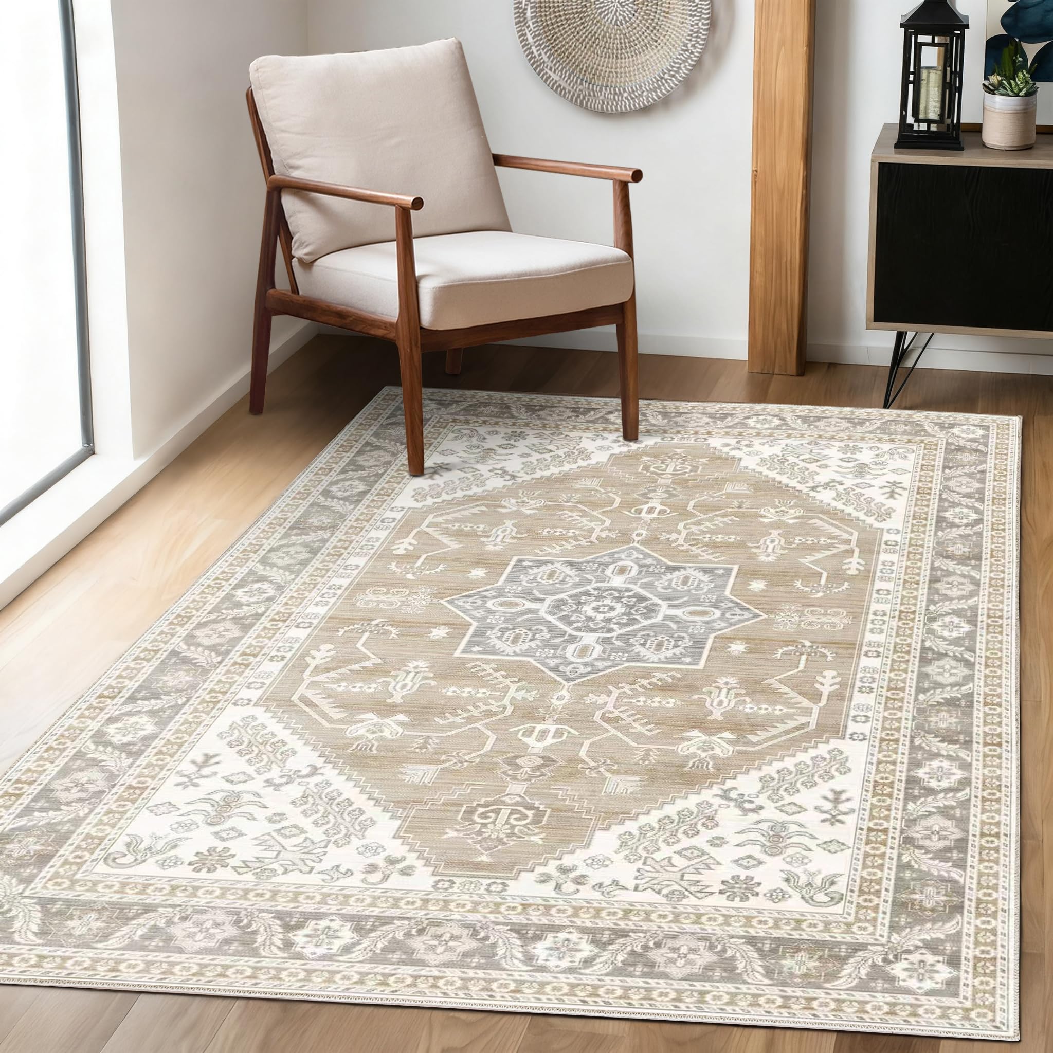 Achiiso Large Rugs for Living Room,140x200cm Non Slip Area Rug, Washable Short Pile Rugs for Bedroom, Kitchen, Hall, Lounge, Office, Dining Room, Indoor Vintage Low Pile Carpet,Light Cream Beige