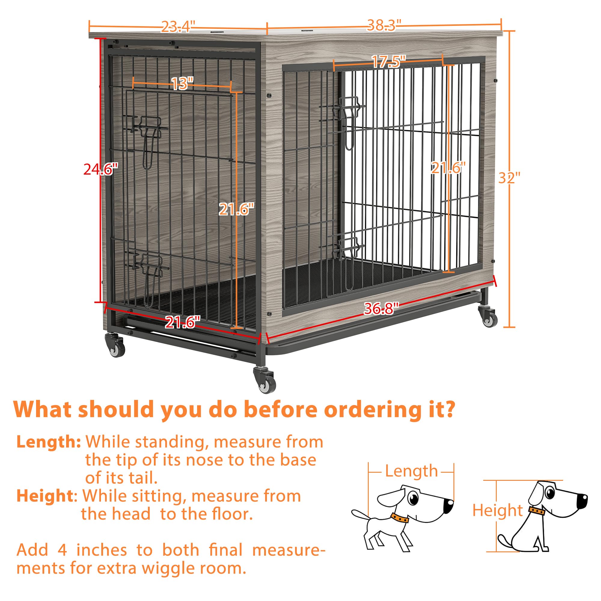 Dog Crate Furniture, 38'' Heavy Duty Wooden Dog Kennel with Double Doors & Flip-Top for Large Dogs, Furniture Style Dog Crate End Table with Wheels, Grey 38.3