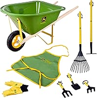 John Deere Deluxe 34" Wheelbarrow Garden Set: 5 Realistic Tools, Apron, Gloves for Kids Ages 5+ Outdoor Play