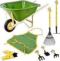 Sunny Days Entertainment, LLC. John Deere Deluxe Wheelbarrow and Garden Set includes 5 Realistic Gardening Tools,Gardening Apron, Gardening Gloves, Large John Deere Wheelbarrow, Outdoor Toy Ages 5+