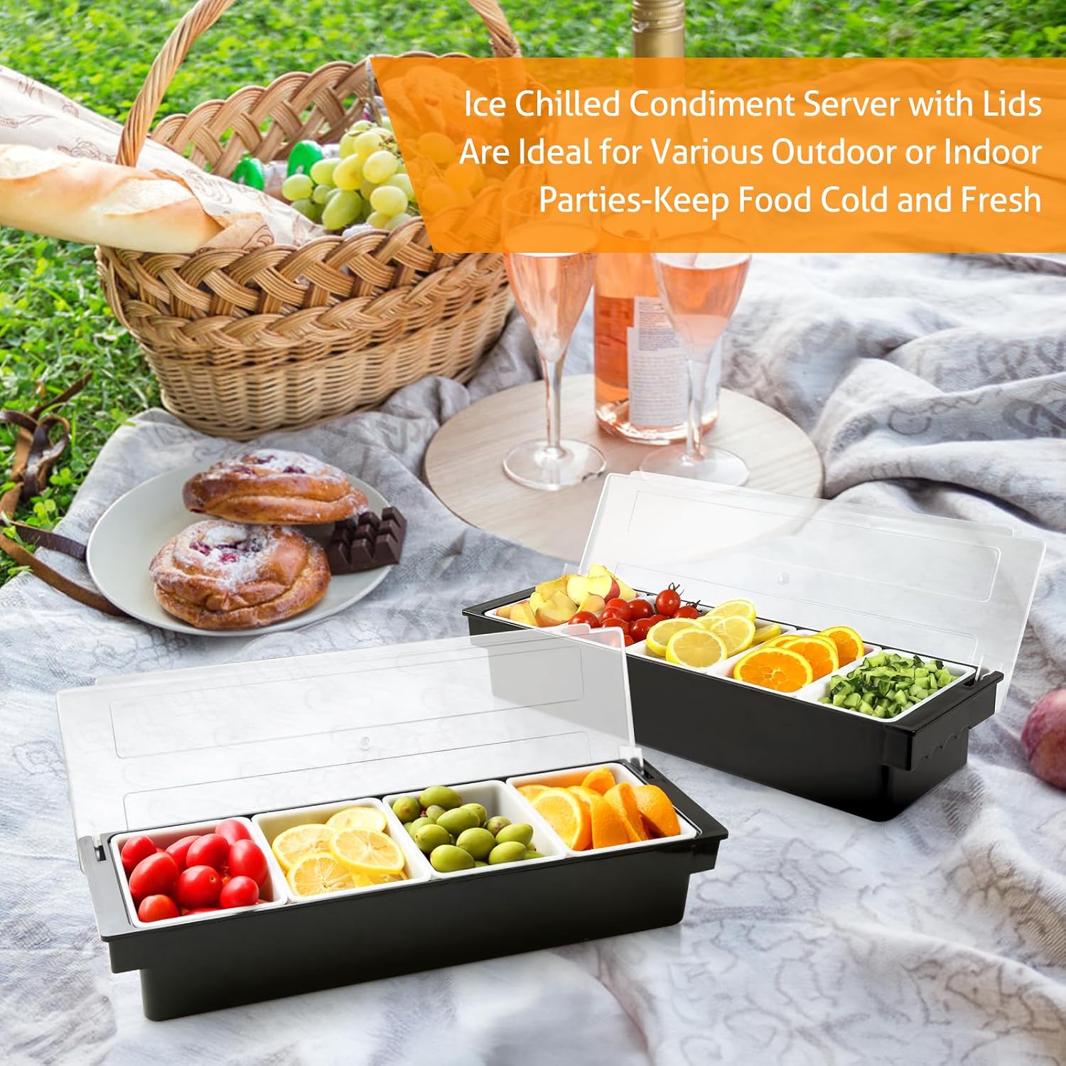 WICHEMI Fruit, Veggie & Condiment Caddy with Lid Dispenser Tray Garnish Station for Bartending & Serving Taco, Ice Cream, Salad Bar (3 Pack, 4 Compartment)