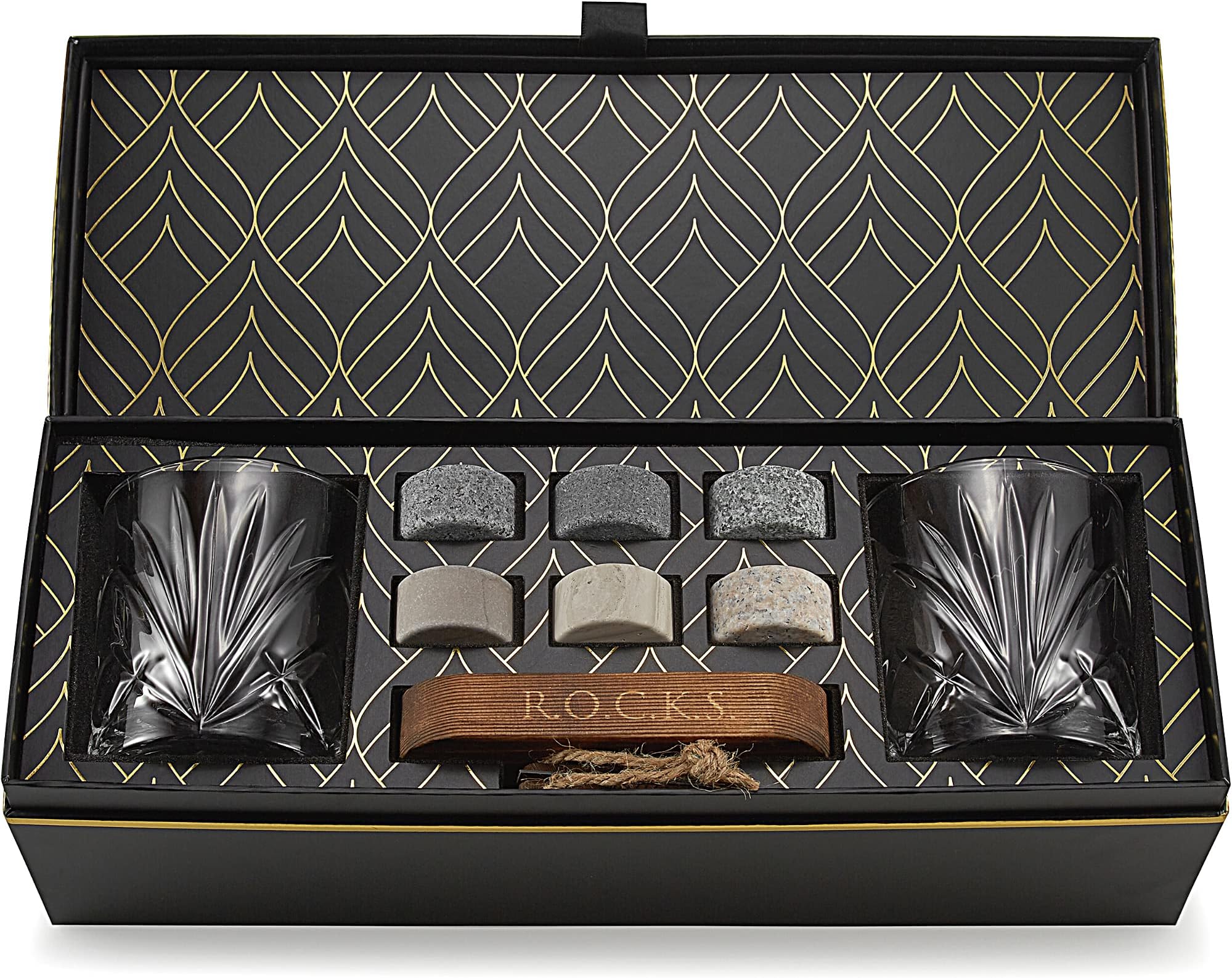 Whiskey Chilling Stones Gift Set - 6 Handcrafted Premium Granite Round Sipping Rocks - 2 Crystal Glass Tumblers - Hardwood Presentation & Storage Tray - Elegant Gold Foil Gift Box by R.O.C.K.S.
