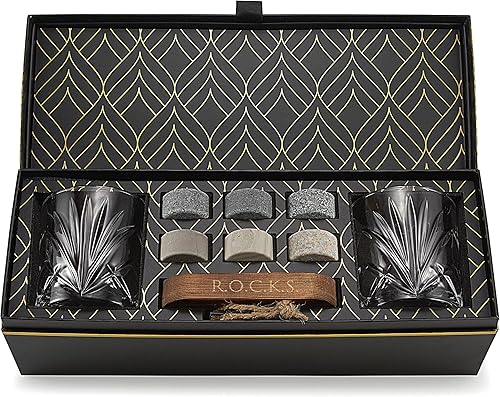 R.O.C.K.S. - Juego de regalo de piedras escalofriantes para whisky, 6 piedras redondas de granito de alta calidad, 2 vasos de bourbon pesados,