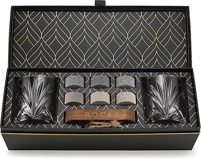 Whiskey Chilling Stones Gift Set - 6 Handcrafted Premium Granite Round Sipping Rocks - 2 Crystal Glass Tumblers - Hardwood Presentation & Storage Tray - Elegant Gold Foil Gift Box by R.O.C.K.S.