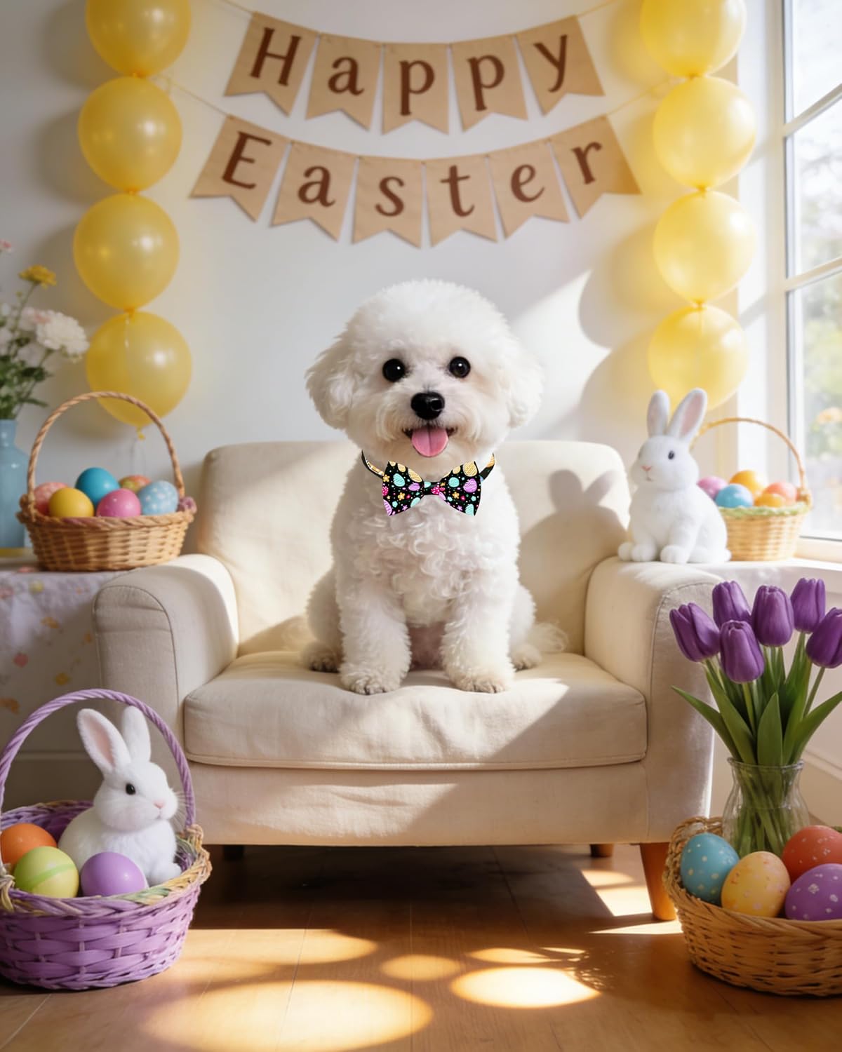 PET SHOW 60 Pack Easter Small Dog Collar Bow Ties and Neck Ties Bulk Puppy Cats Adjustable Bowties for Medium Dogs Bunny Eggs Bowknots Holiday Party Ties Pet Grooming Accessories