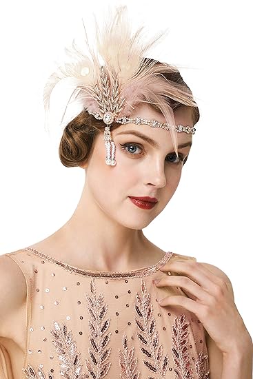 BABEYOND 1920s Flapper Headband Feather Headpiece Roaring 20s Gatsby Hair Accessories for Women (Champagne)