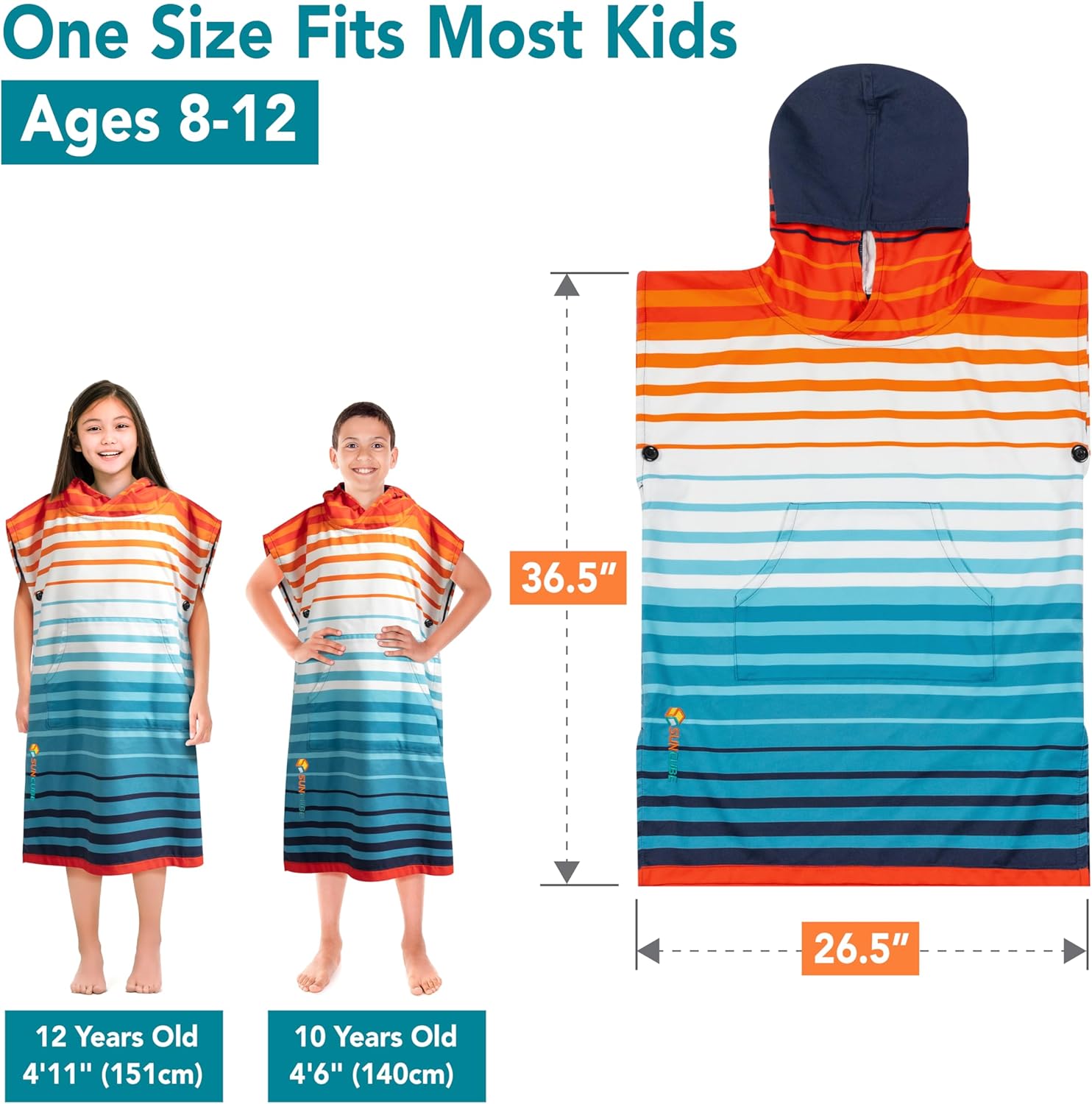 SUN CUBE Kids Towel Changing Swim Robe Surf Poncho, Quick Dry Microfiber Hooded Wearable Blanket for Boys Girls 8-12 Years, Orange Stripe